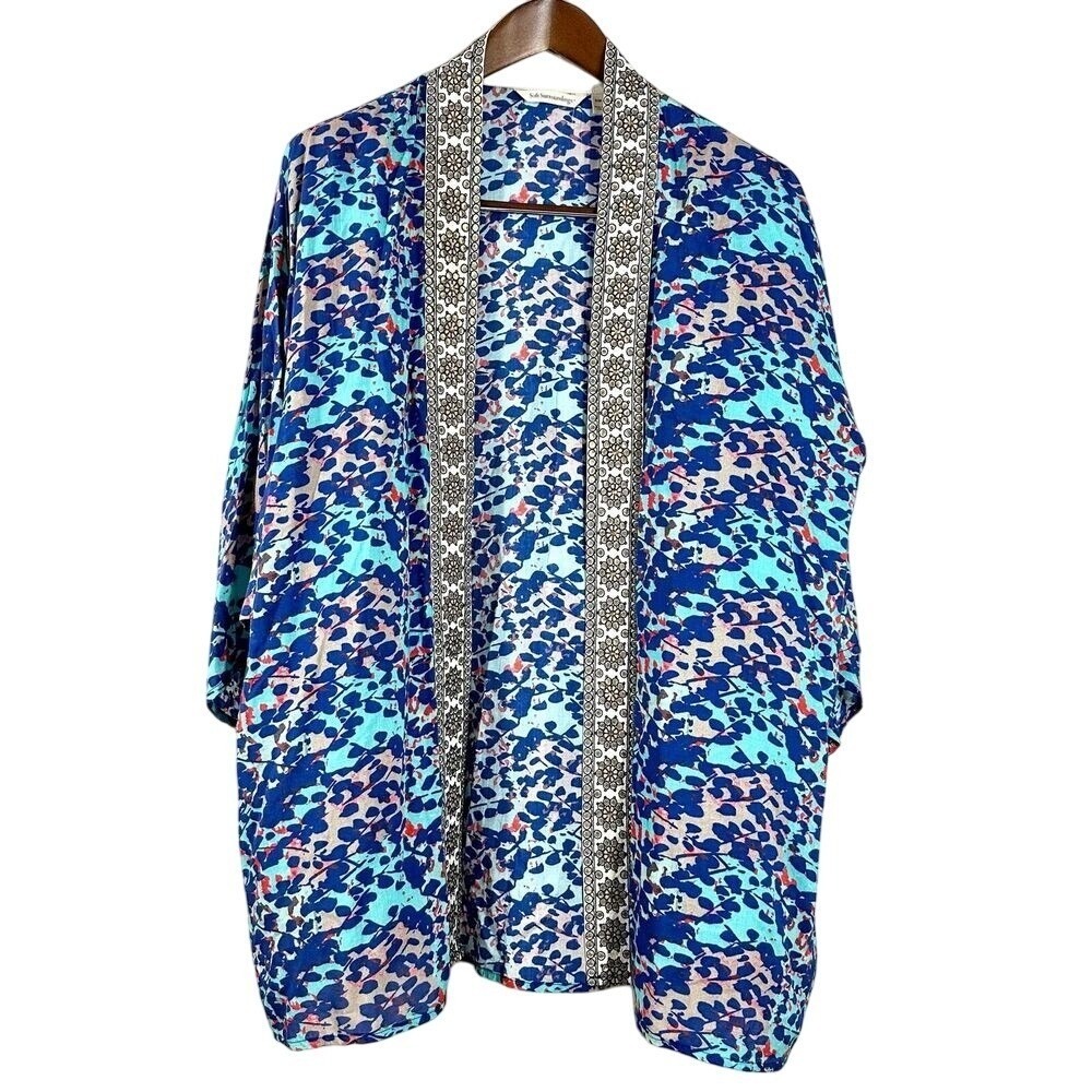 Soft‎ Surroundings Blue Botanical Modal Kimono Wrap Cardigan Womens S/M